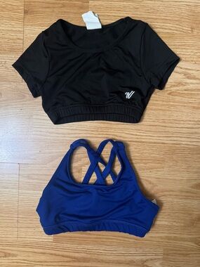Varsity Black Crop Top with Royal Blue Strappy Sports Bra
